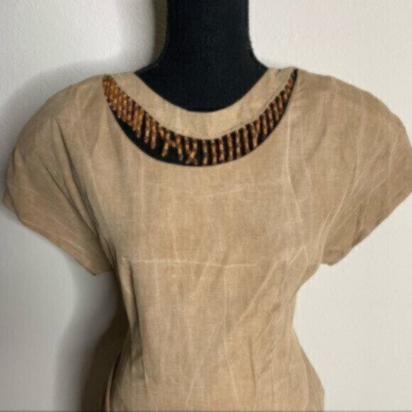 Scarlett Rare 70s Vintage Tigh Length Faux Wrap Beaded Ruching Dress - Picture 9 of 14